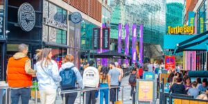 St peters square in leicester with many shops and eateries