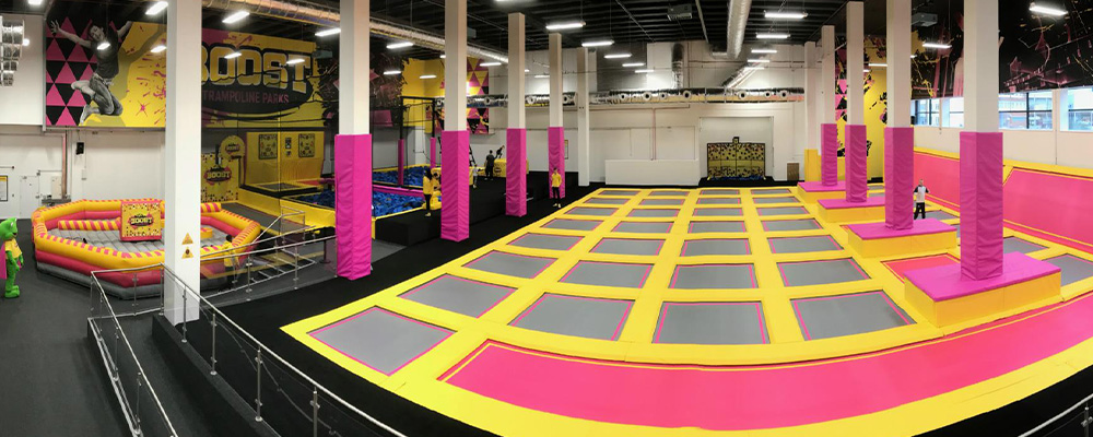 the interior of a trampoline park