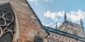 a shot looking up at a church