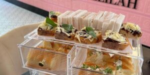 Cheese sandwiches on display