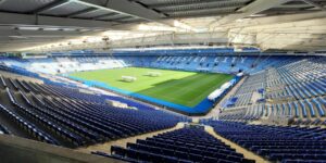 LCFC football Ground and pitch - view from top row of seats inside stadium