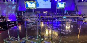 Tourism award winner trophies on a table