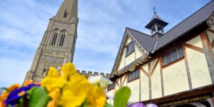 Market harborough market hall and a church