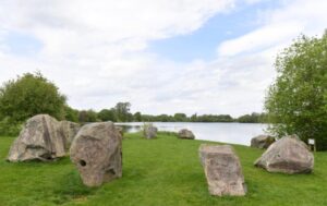 concrete blocks by a lake
