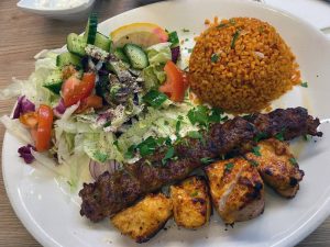 turkish kebab, salad and rice