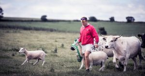 farmer and various animals