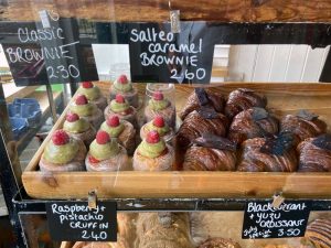 Bakery counter with croissants