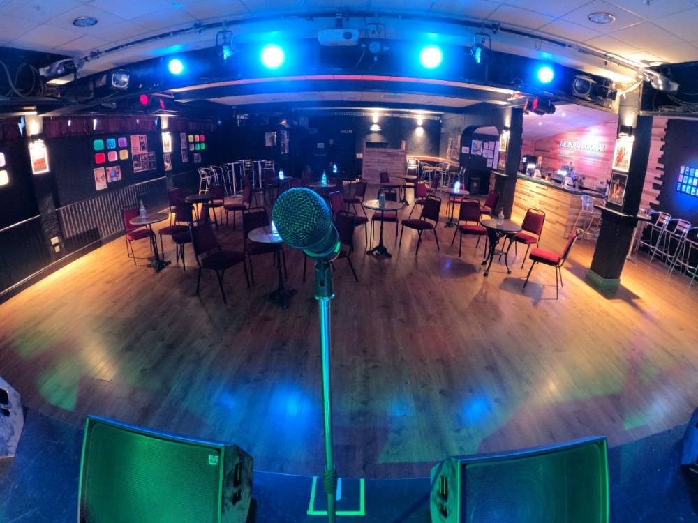 A view from the stage with a microphone in front