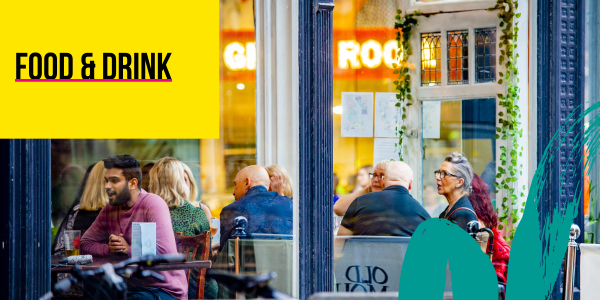 Food and drink text over a cafe