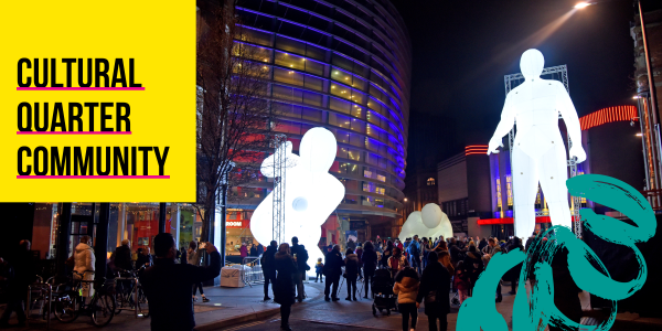 Cultural Quarter community with background of a festival