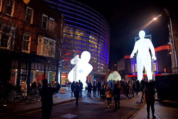 art installation of glowing sculptures