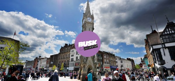 Leicester Clock Tower with a Busk Leicester logo