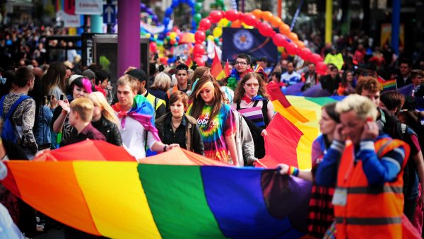 Pride Parade with a rainbow flag
